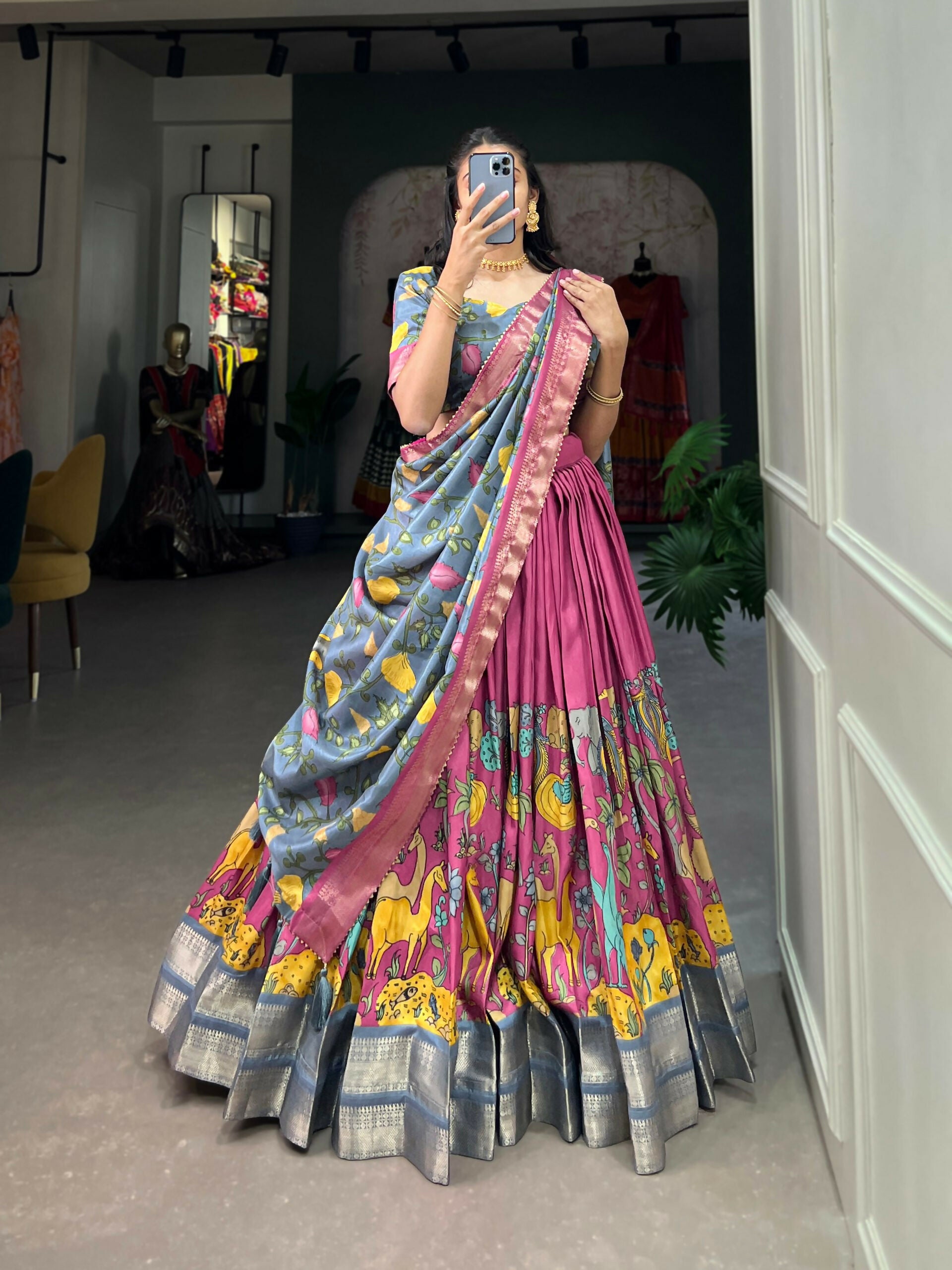 Vastranavya Kalamkari Printed Dola Silk Lehenga Choli - Pink - Distacart
