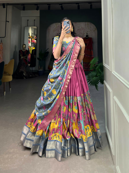 Vastranavya Kalamkari Printed Dola Silk Lehenga Choli - Pink - Distacart