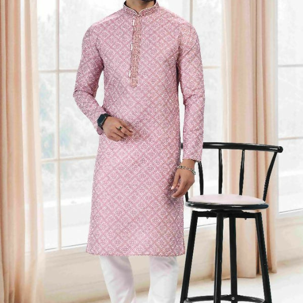 Raivat Ethnic Cotton Thread Work Kurta Pajama In Baby Pink Colour - Dista