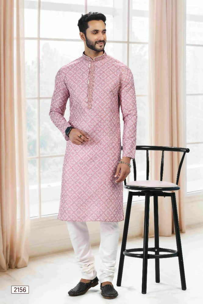 Raivat Ethnic Cotton Thread Work Kurta Pajama In Baby Pink Colour - Dista