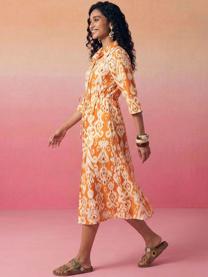 Janasya Orange A-Line Cotton Dress - Dista