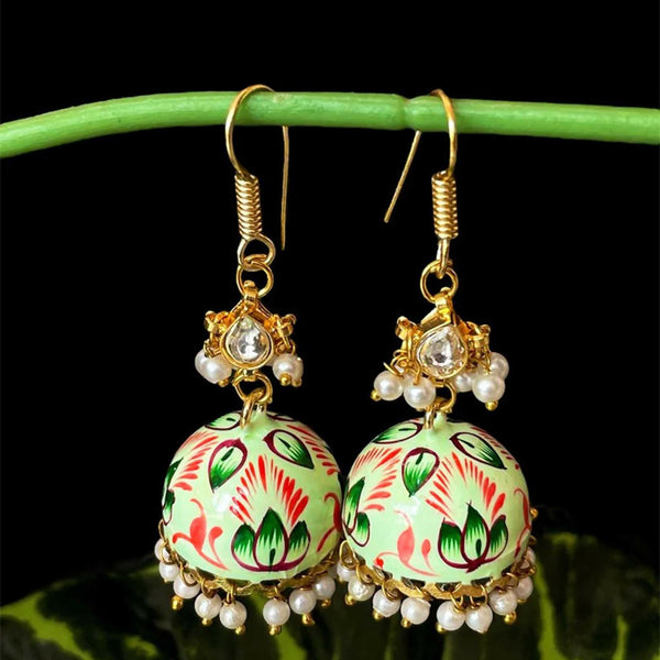 Joban Fashion Green Brass Meenakai Hand Painted Jhumka With Pachi Kundan Earring - Distacart