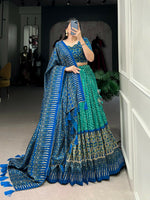Thumbnail for Vastranavya Bandhej And Ajarakh Print Tussar Silk Lehenga Choli - Green - Distacart