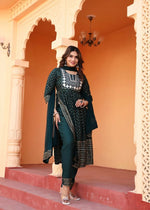 Thumbnail for Alvano Women's Embroidery work Print Naira Cut Kurti with Pant and Dupatta set Rayon - Distacart