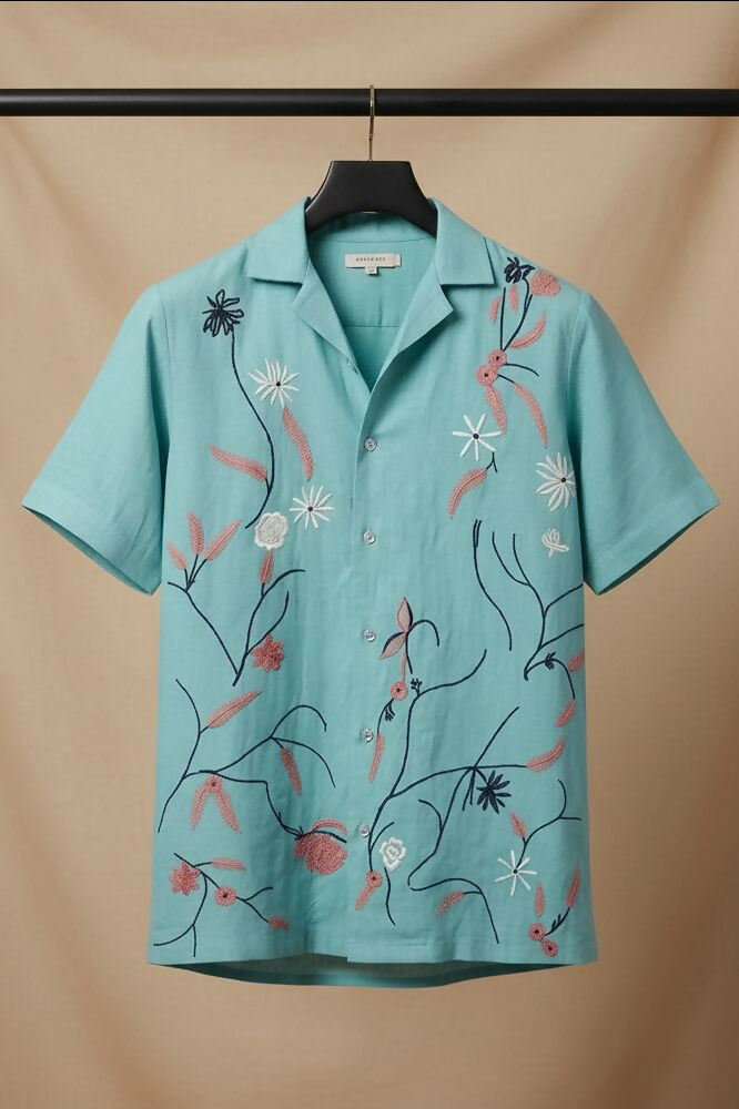 Serene — Aqua Embroidered Linen Shirt by Hilo Design - Dista