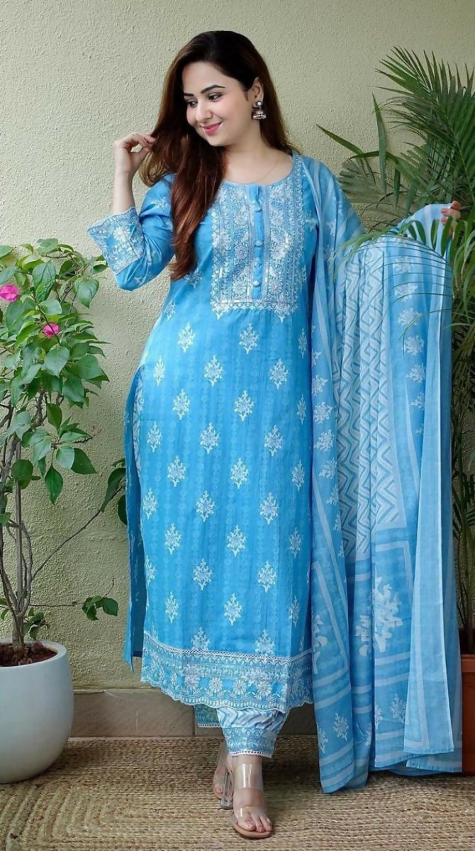 Alvano Women's Printed Straight 3Pcs Kurti with Pant and Dupatta set Cotton (Light Blue) - Distacart