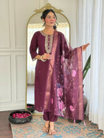 Thumbnail for The52 Wine Women's Gorgeous Rayon Fabric Embroidered Work Straight Kurta Pant and Dupatta Set - Distacart