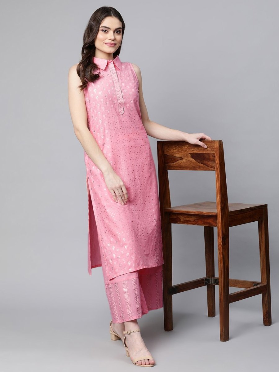 Ahalyaa Women Light Pink Colour Pure Cotton Printed Kurta Palazzo Set - Distacart