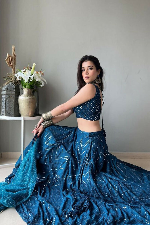 Jyoti Fashion Blue Thread Embroidery Georgette Designer Lehenga Choli with Dupatta - Distacart