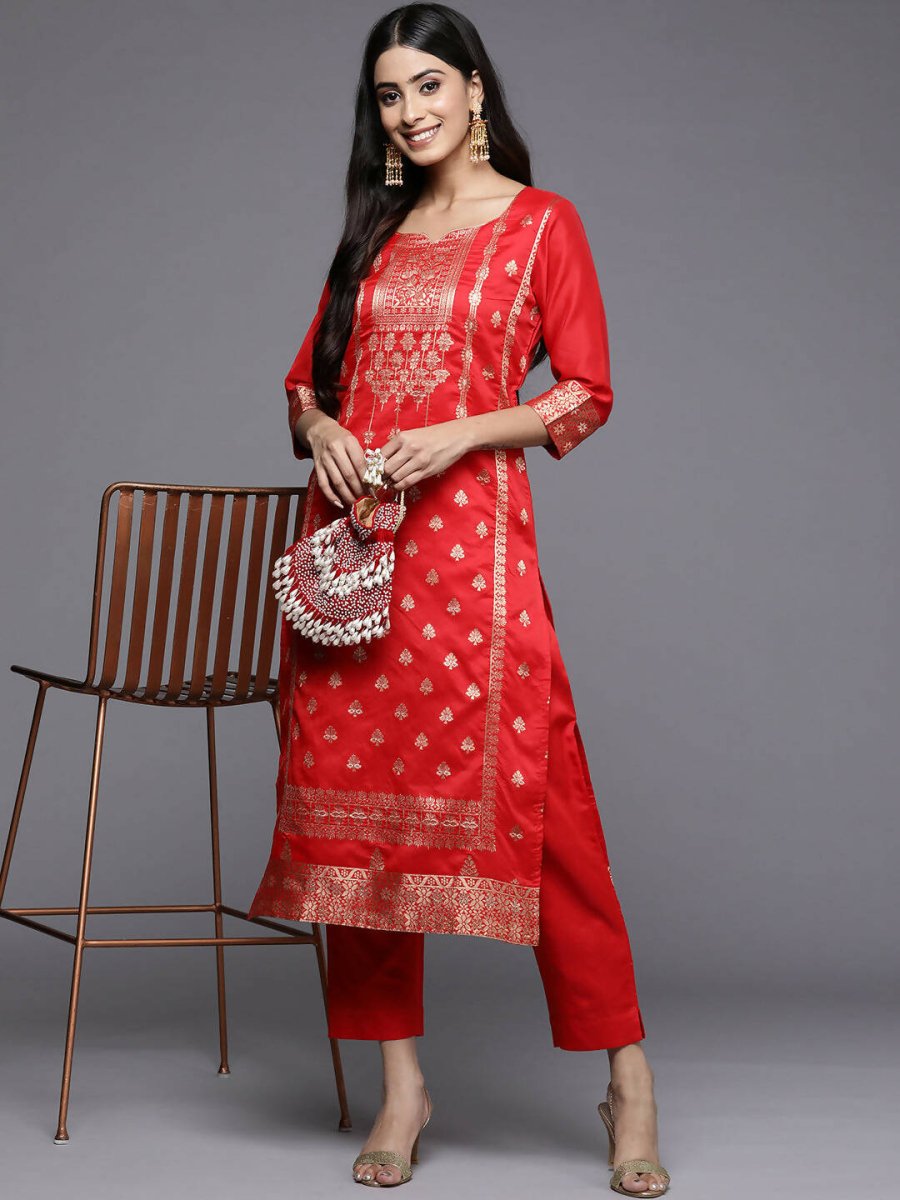 Ahalyaa Women Red Ethnic Motifs Kurta with Trousers - Distacart