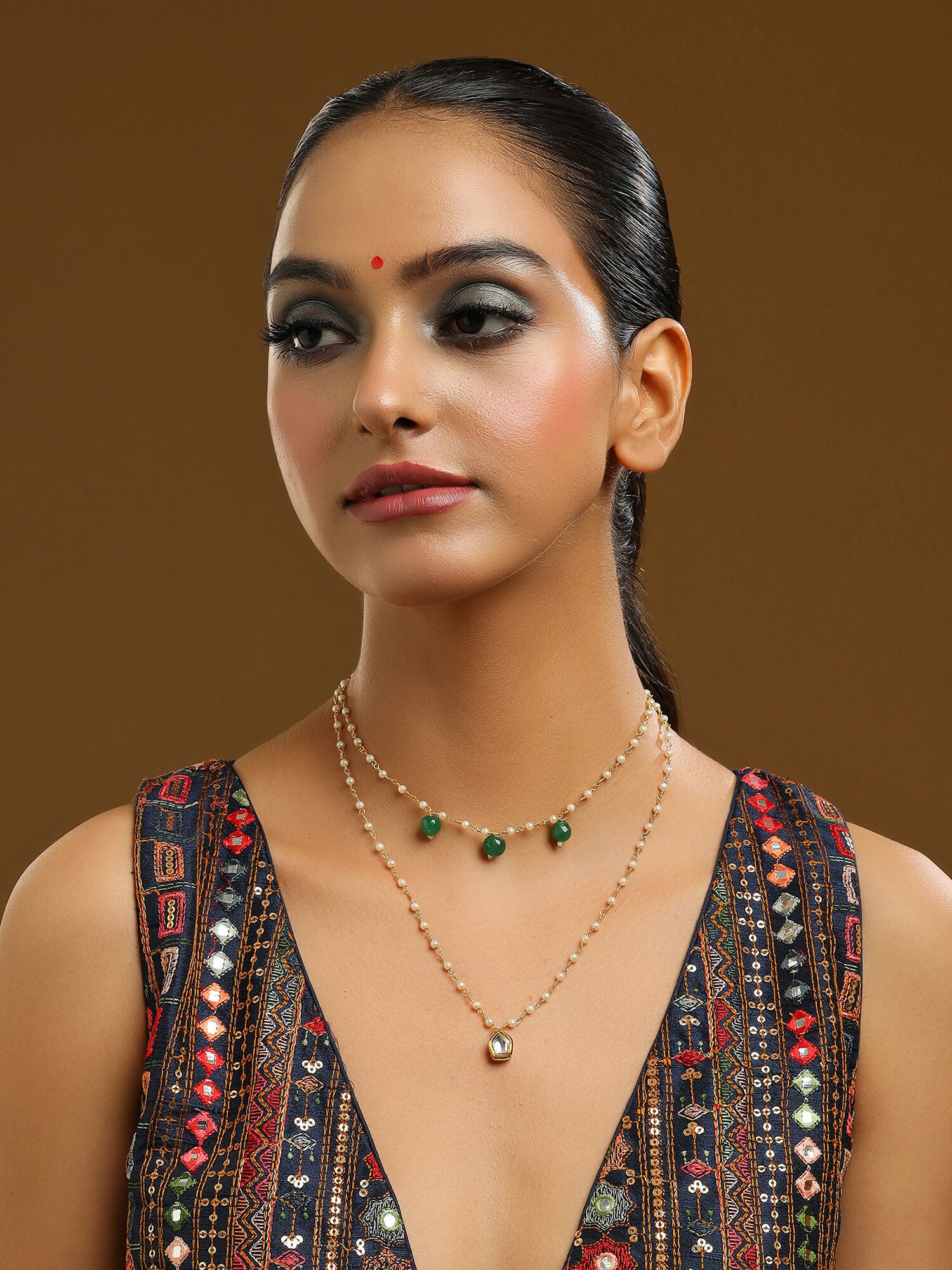 Ruby Raang Gold Kundan and Green Stone Layered Necklace