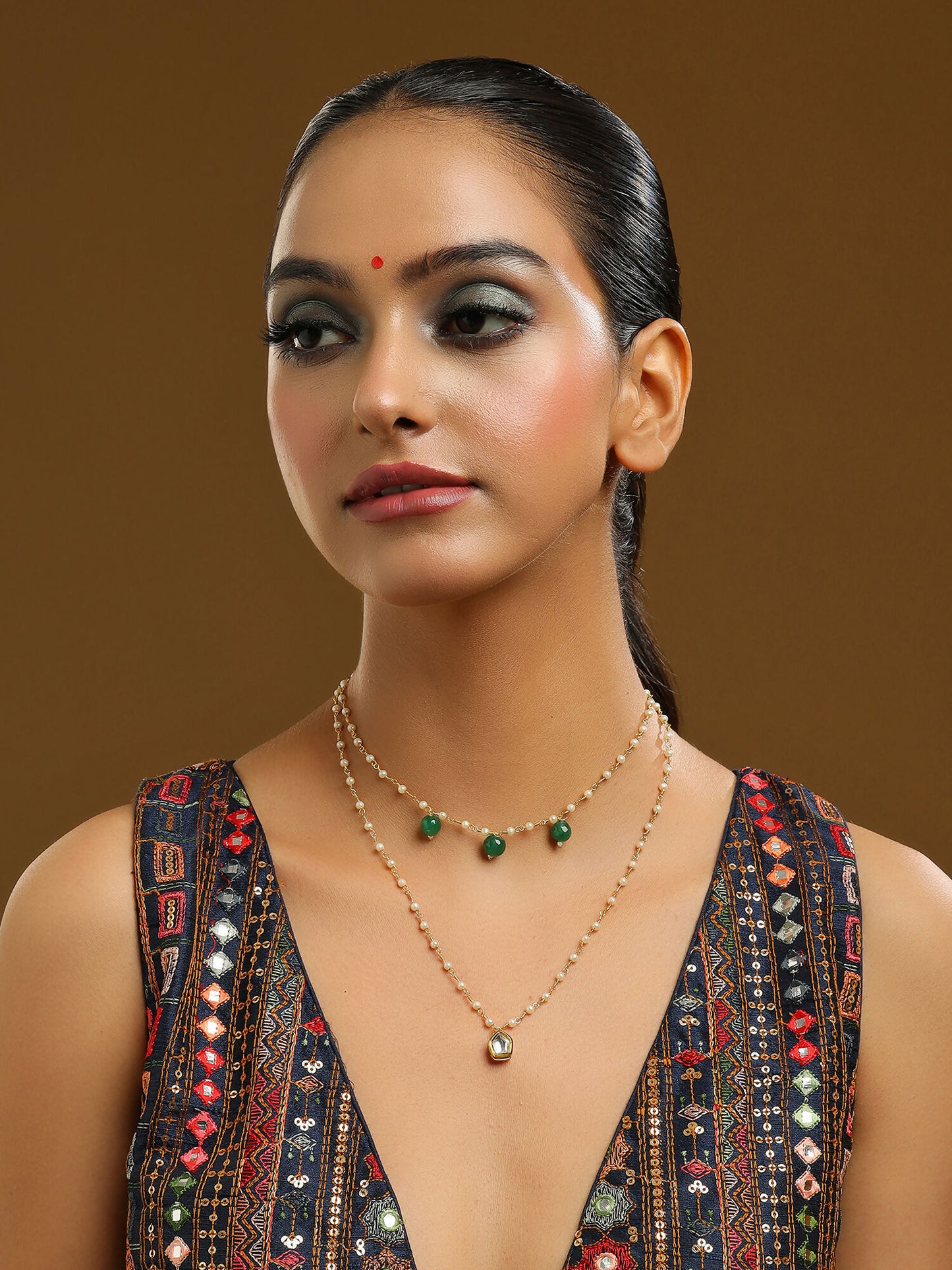 Ruby Raang Gold Kundan and Green Stone Layered Necklace - Distacart