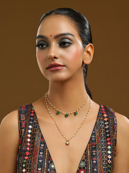 Ruby Raang Gold Kundan and Green Stone Layered Necklace - Distacart