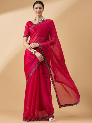 Pink Organza Swaroski Diamond Work Saree with Unstitched Blouse - Radha - Distacart
