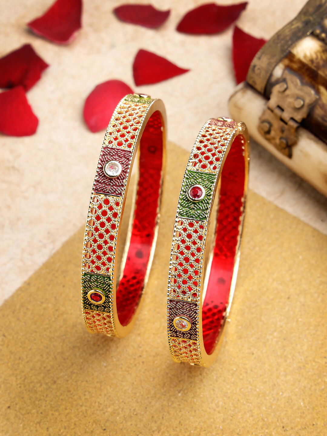 NVR Women's Set Of 2 Gold-Plated Red Kundan Traditional Bangles - Distacart