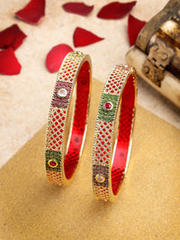 Thumbnail for NVR Women's Set Of 2 Gold-Plated Red Kundan Traditional Bangles - Distacart