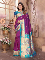 Thumbnail for Joban Fashion Paithani Wine Woven Soft Silk Saree