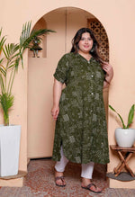 Thumbnail for Miravan Womens Plus Size Pure Cotton Floral Printed Green Button Down A-Line Midi Dress - Distacart