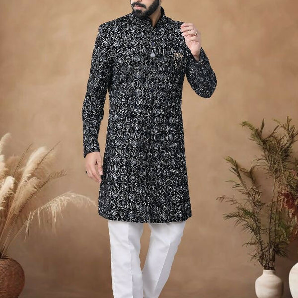 Joban Fashion Men's Black Base White & Blue Straight Velvet Thread & Sequence Embroidery All Over Indo-Western Kurta Set - Distacart