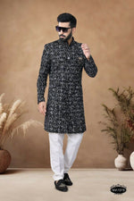 Thumbnail for Joban Fashion Men's Black Base White & Blue Straight Velvet Thread & Sequence Embroidery All Over Indo-Western Kurta Set - Distacart