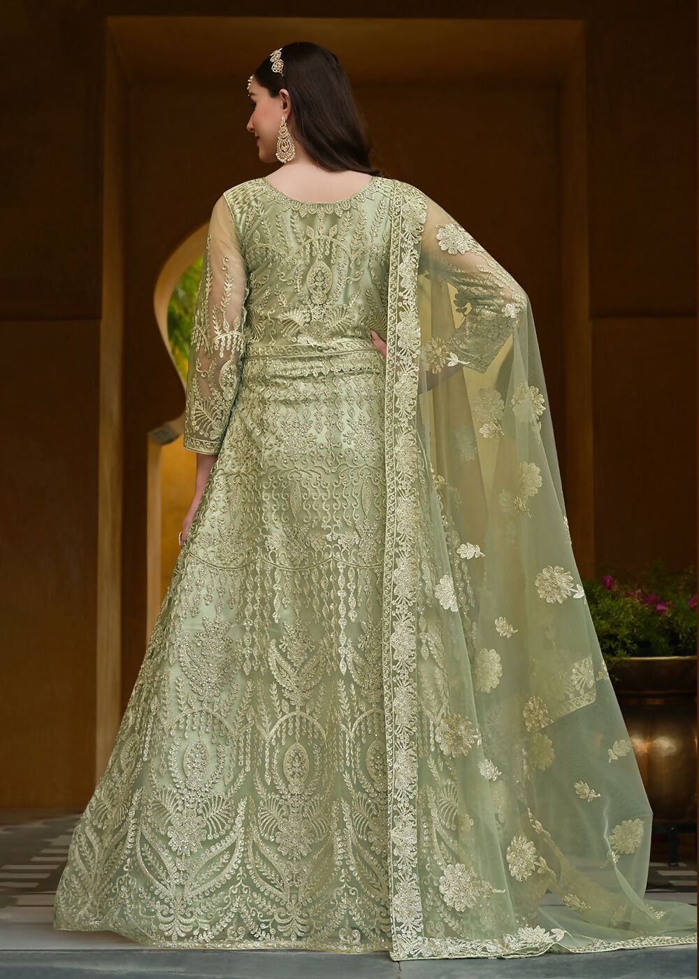 Pista Green Pure Butterfly Net Wedding Wear Anarkali Suit - Emponline - Distacart