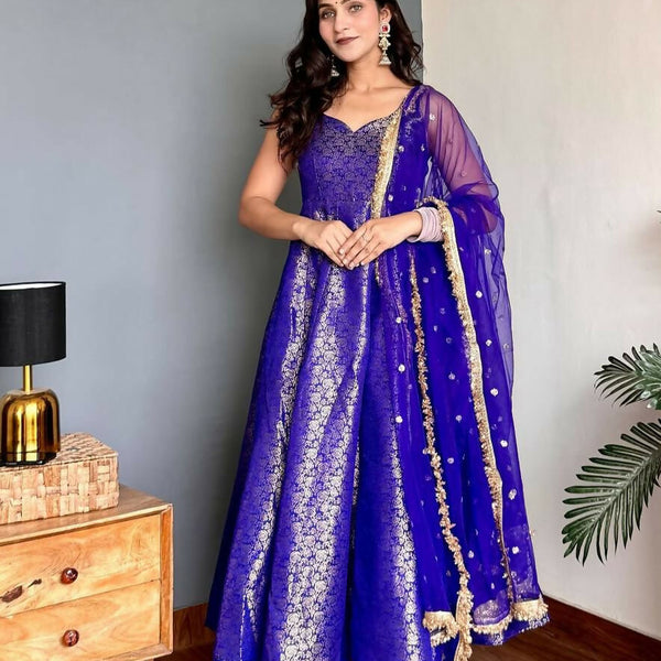 Lehenga Mart Designer Anarkali Suit With Kurta Bottom Dupatta For Women-Blue - Dista