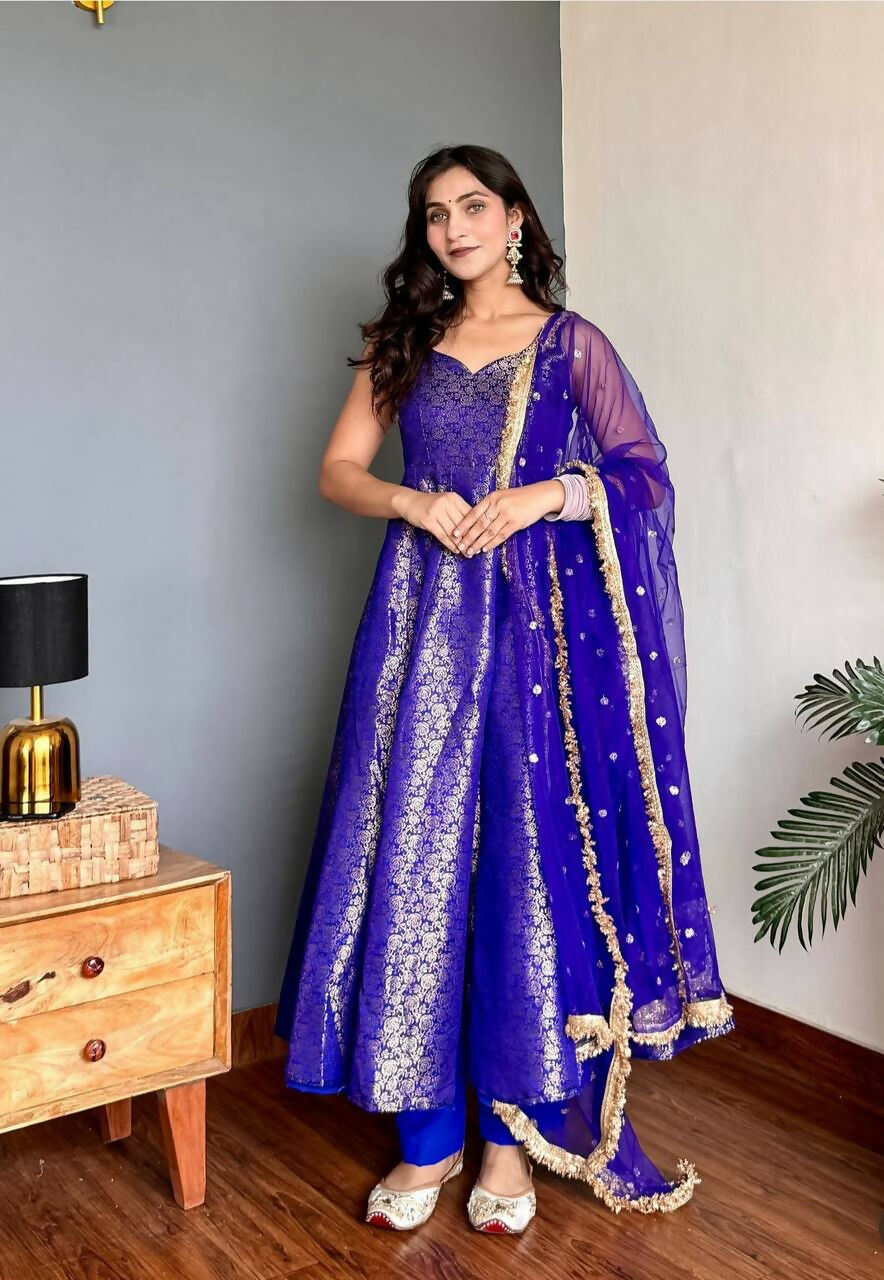 Lehenga Mart Designer Anarkali Suit With Kurta Bottom Dupatta For Women-Blue - Dista