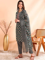 Thumbnail for Ode by House of Pataudi Printed Mirror Work Pure Cotton Kurta With Trousers & Dupatta - Distacart