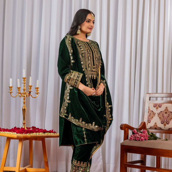 Teeya Creation Green Color Velvet Designer Embroidery Work party Wear Suit - Distacart