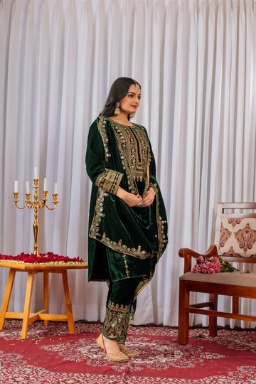 Teeya Creation Green Color Velvet Designer Embroidery Work party Wear Suit - Distacart