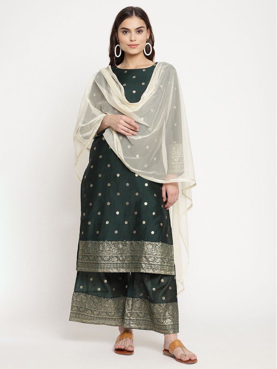 Ahalyaa Dark Green Gold Print Kurta Palazzo Set With Dupatta