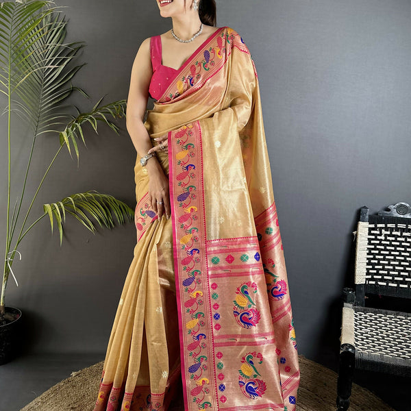 Joban Fashion Beige Zari Weaving Tissue Paithani Saree - Distacart