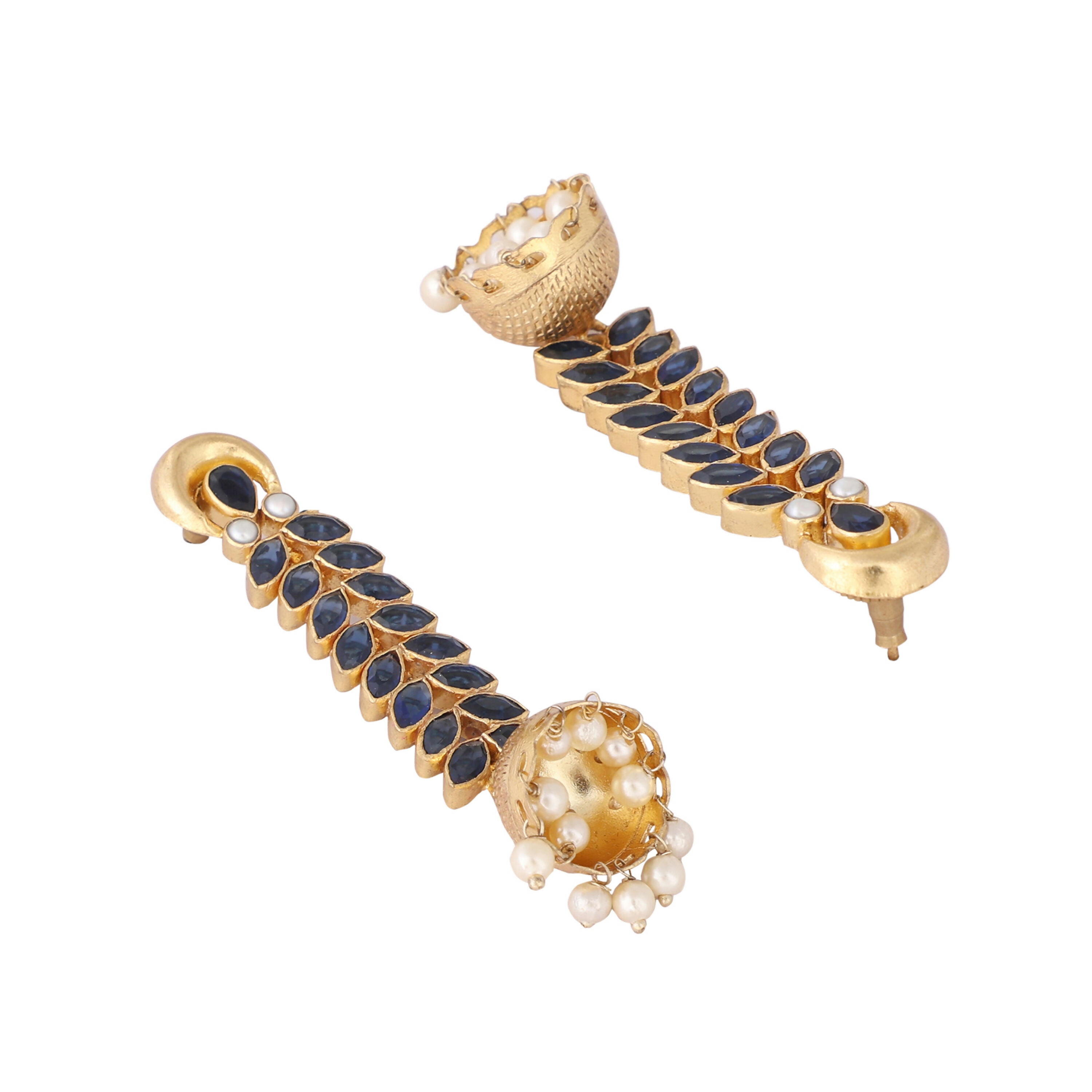 Nuyug 22K Gold-Plated Blue Onyx & Pearl Studded Dome Shaped Jhumkas