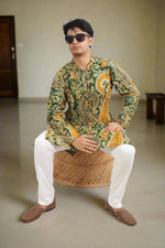 Thumbnail for Souchii Men Green & Mustard Pure Cotton Paisley Printed Straight Kurta