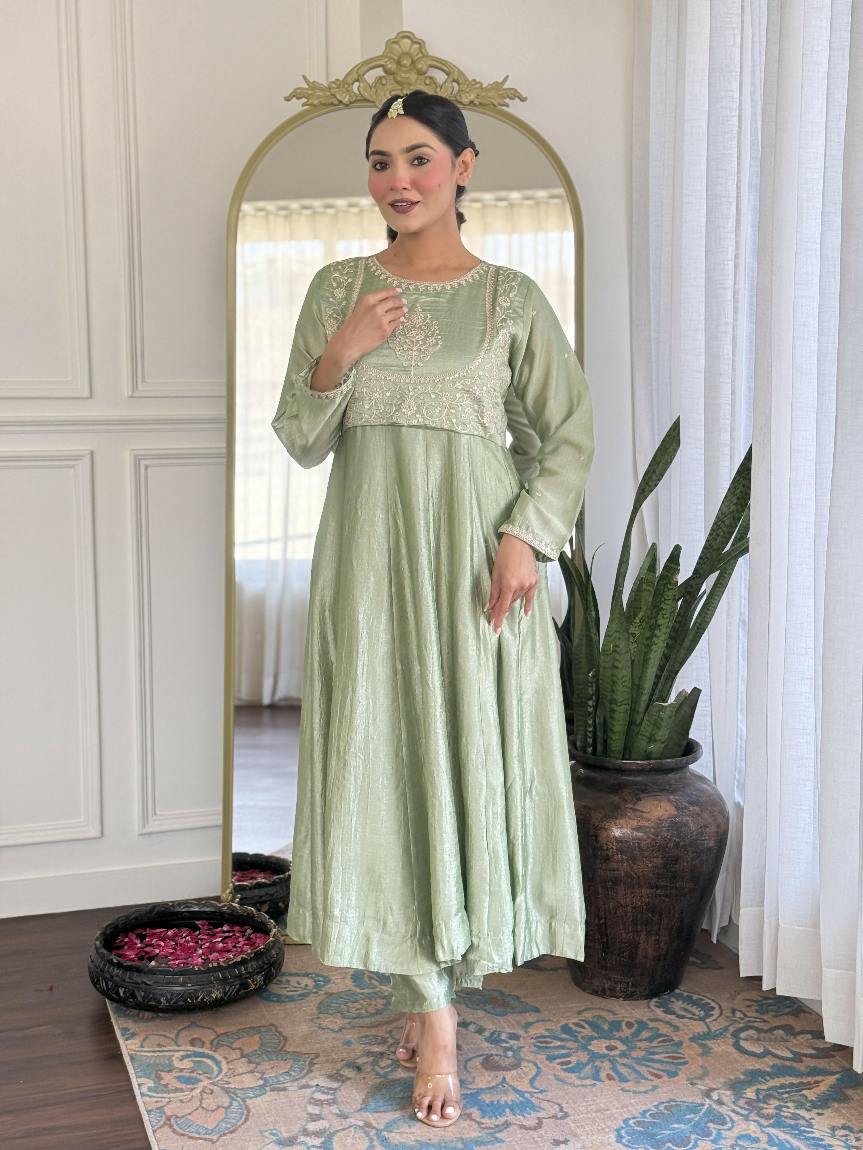 The52 Pista Women's Gorgeous Embroidered Vichitra Silk Fabric Flared Kurta Pant with Dupatta Set - Distacart