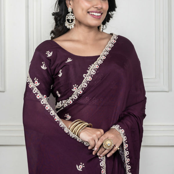 Morchari Wine Chiffon Hand Embroidery Saree And Stitched Blouse - Distacart