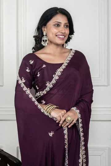 Morchari Wine Chiffon Hand Embroidery Saree And Stitched Blouse - Distacart