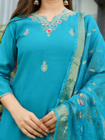 Thumbnail for The52 Blue Women's Gorgeous Viscose Fabric Embroidered Work Straight Kurta, Pant and Dupatta Set - Distacart