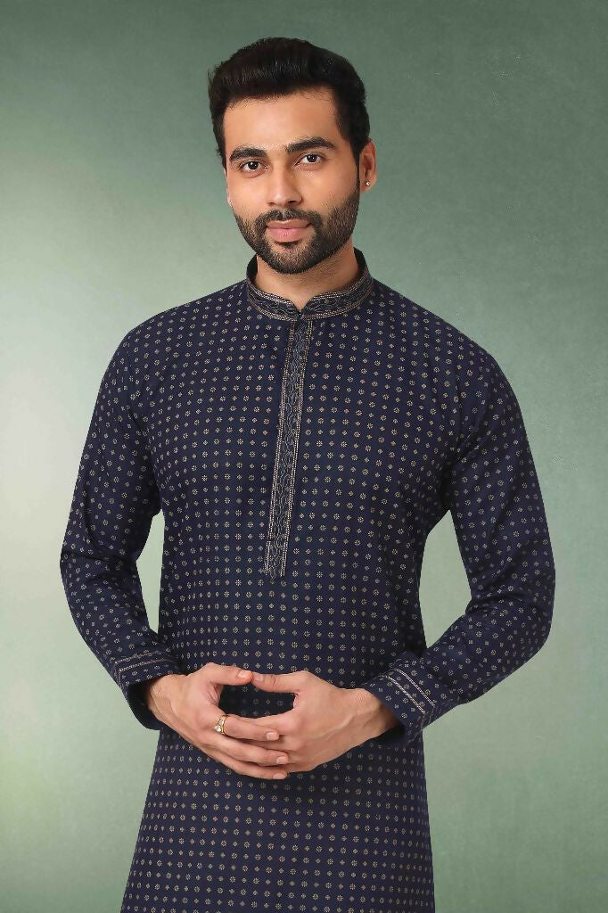 Raivat Ethnic Cotton Printed Work Kurta Pajama In Navy Blue Colour - Distacart