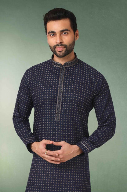 Raivat Ethnic Cotton Printed Work Kurta Pajama In Navy Blue Colour - Distacart
