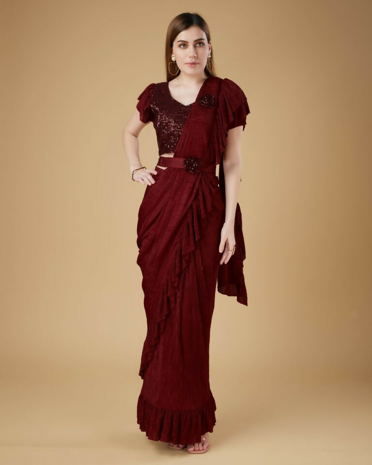 Maroon Imported Crush Solid Ready to Wear Saree with stitched Blouse - Aayan - Distacart
