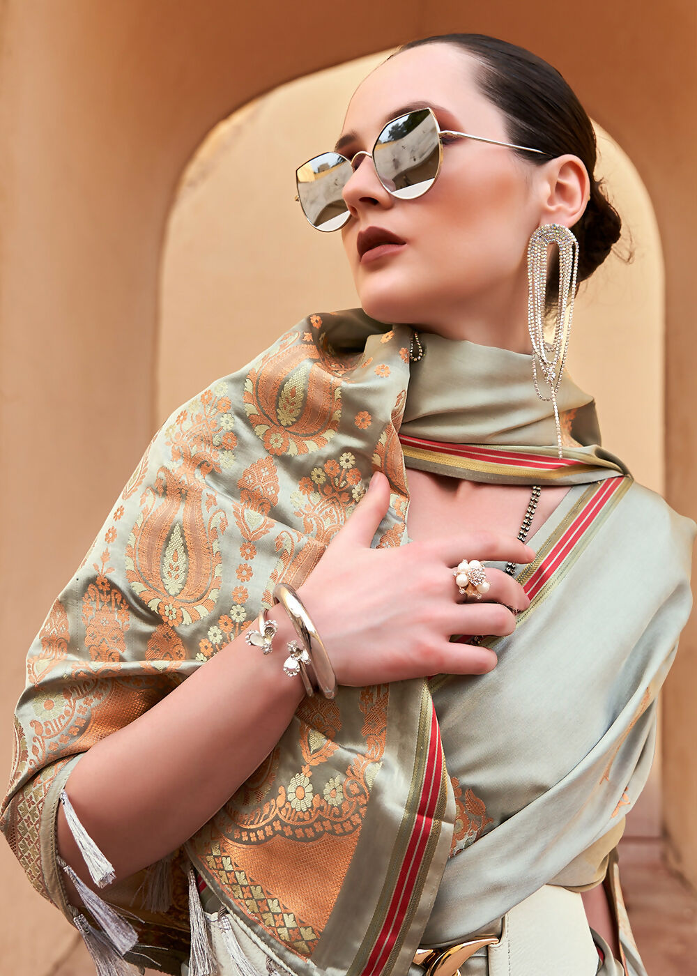 Dusty Grey Pure Satin Zari Weaving Wedding Festive Saree - Emponline - Distacart