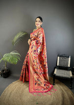 Thumbnail for Joban Fashion Reddish Pink Peacocks Flowers & Leaves Soft Silk Paithani Saree - Distacart