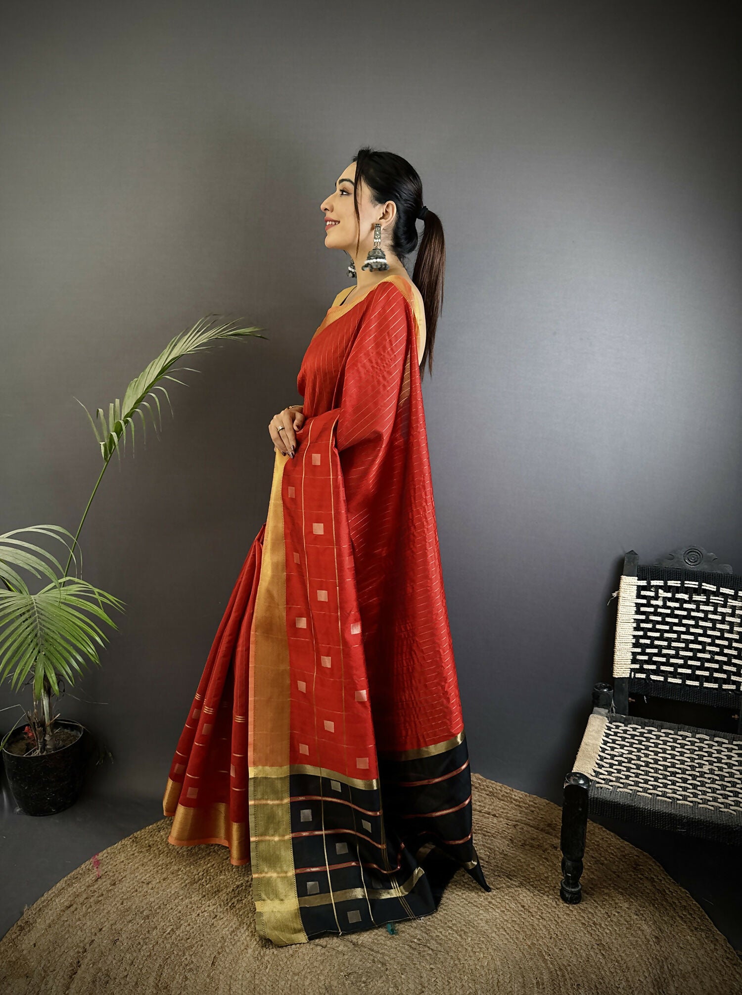 Joban Fashion Red Bhagalpuri Cotton Silk Stripes/Box Saree