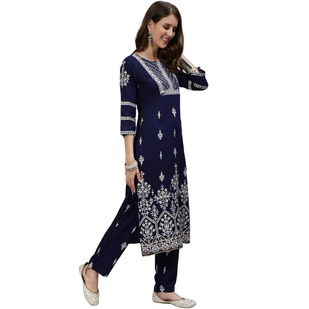 Anubhutee Women's Rayon Floral Embroidered Regular Navy Blue Kurta Set - Distacart