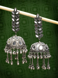 Thumbnail for NVR Women's Silver Plated Mirror Work Oxidised Contemporary Jhumka Earrings - Distacart