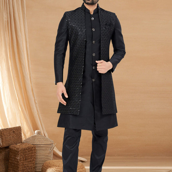 Joban Fashion Men's Black Heavy Art Silk Double Finish Plain Indowestern - Distacart