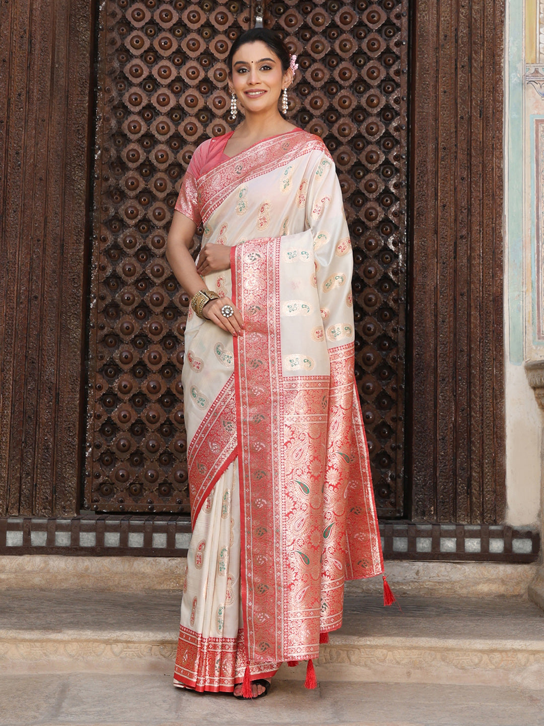 Anaita Off White Silk Woven Saree With Blouse - Distacart