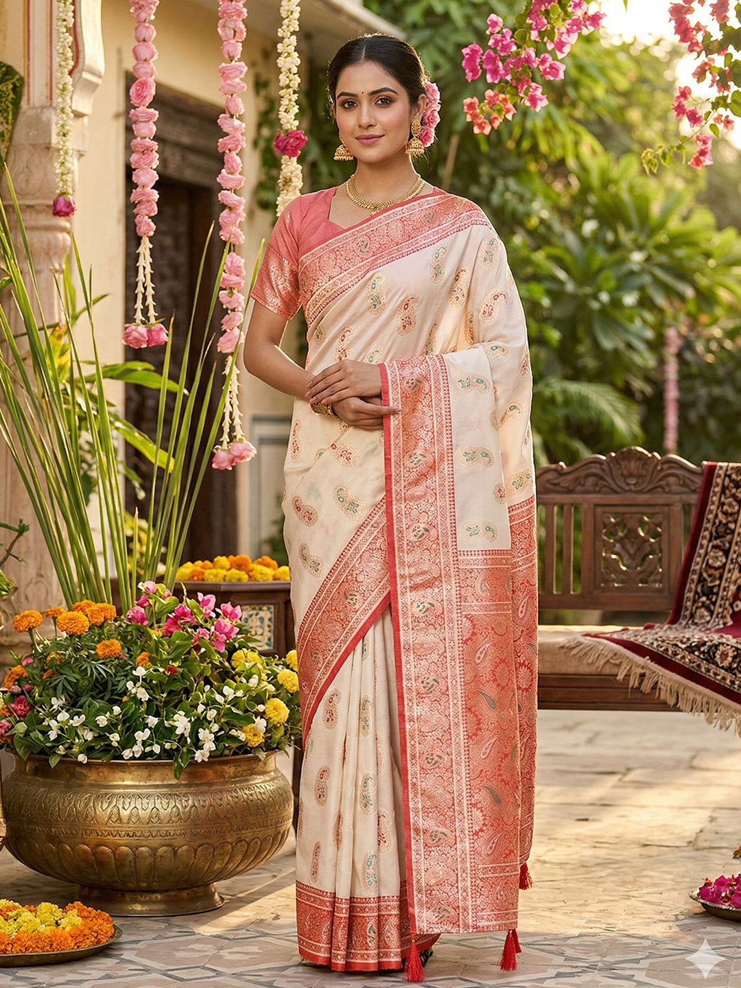 Anaita Off White Silk Blend Woven Saree With Blouse - Distacart