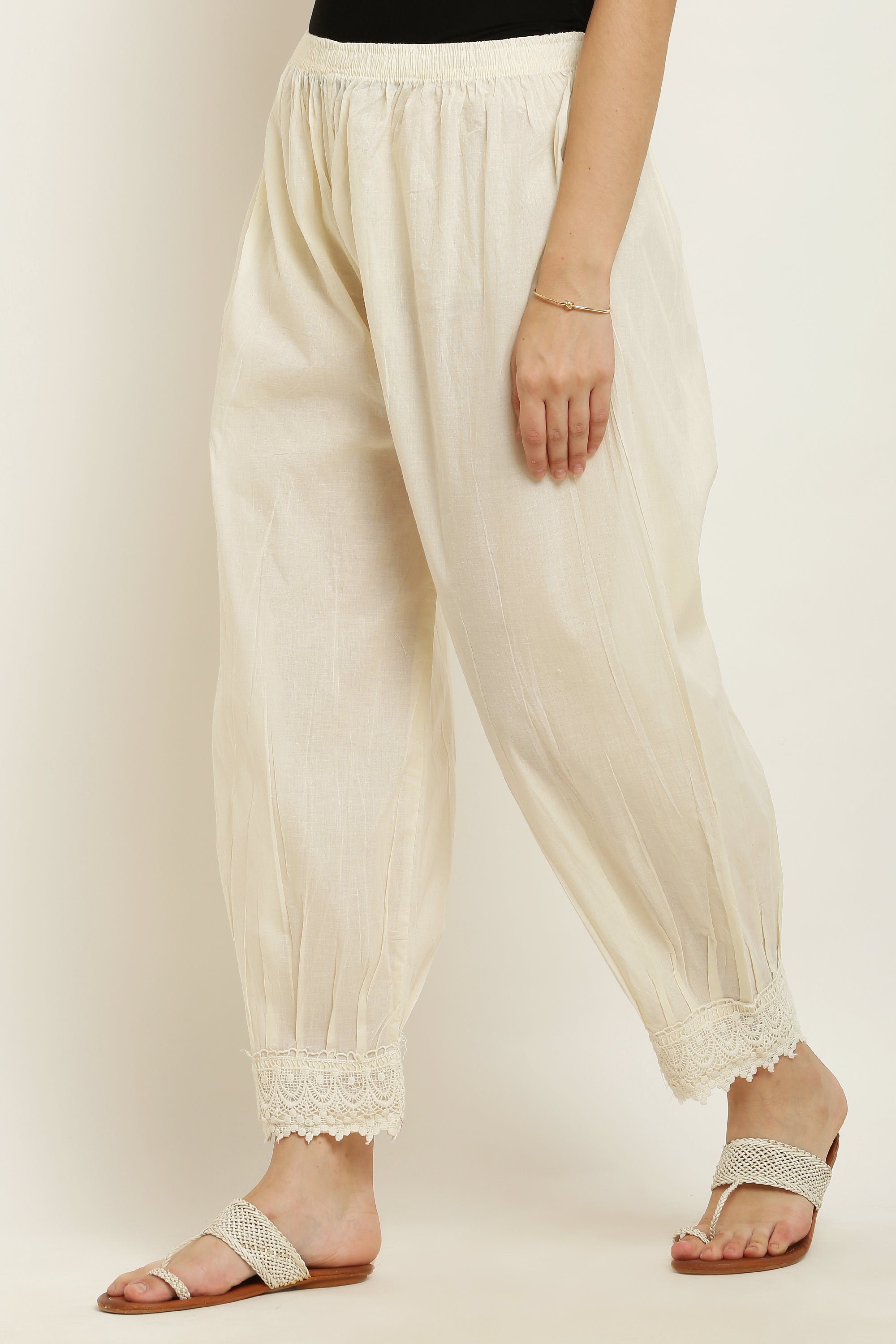 PAVONINE Off-White Color Afghani Style Lace Hem Cotton Fabric Palazzo For Women - Distacart